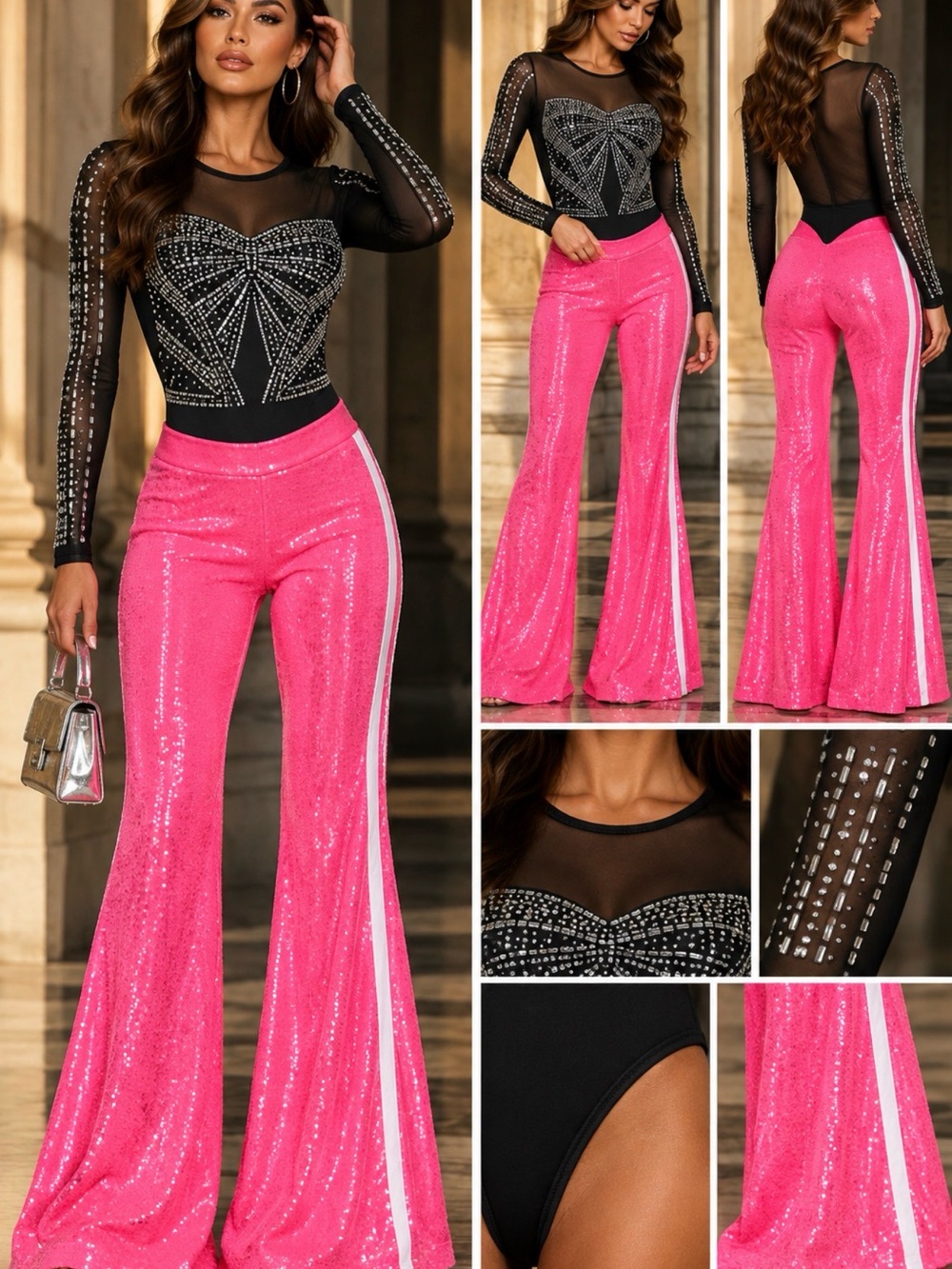 AKIRA Black Long-Sleeve Rhinestone Mesh Bodysuit with Geometric Detail